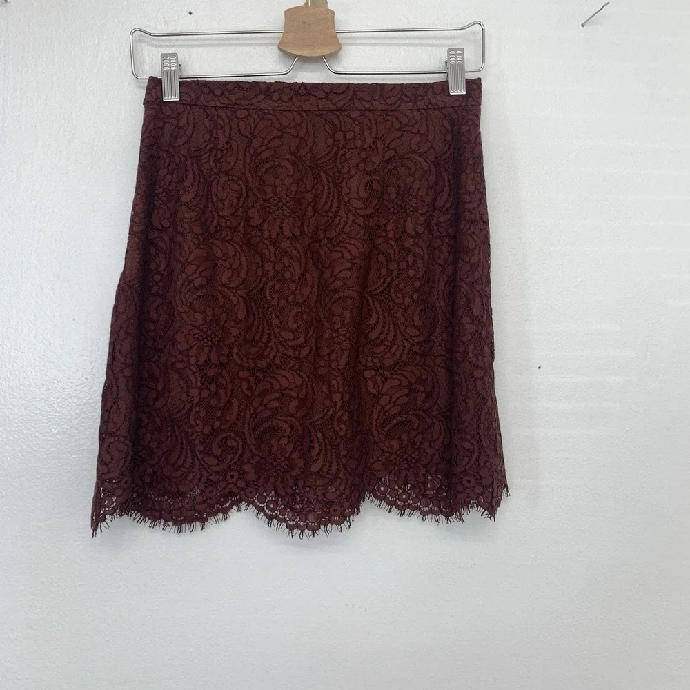 Wilfred Brown Lace Mini Skirt Lined Scallop Fringe Hem Sz 4 Floral Design Event‎